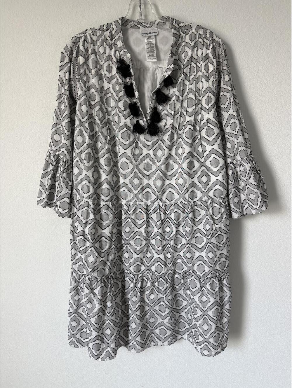 Tommy Bahama 3/4 Bell Sleeve Tassel V-Neck Black/White Geo Tiered Dress Size L